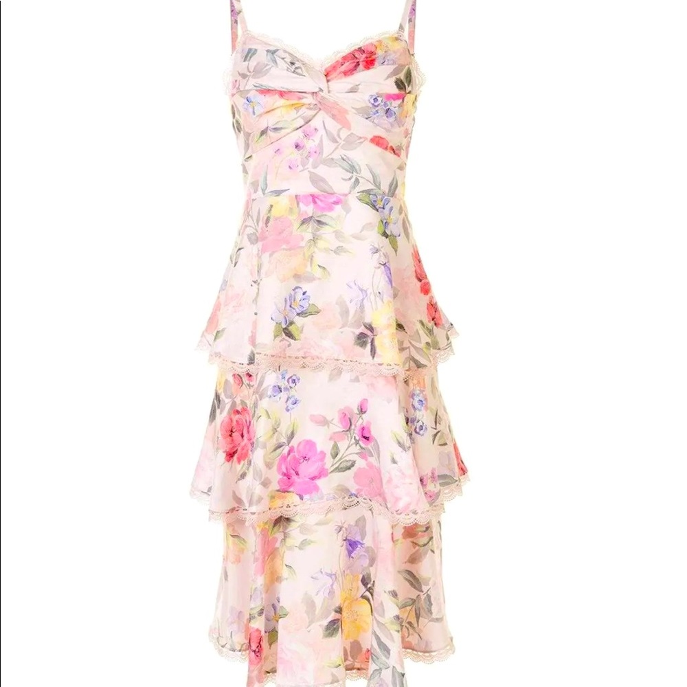 Marchesa Notte Floral Tiered Midi Dress